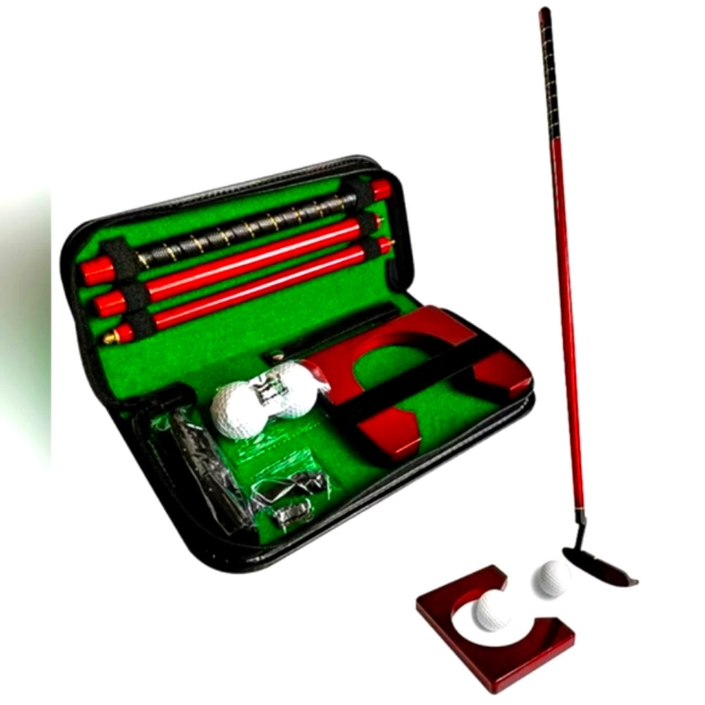 New Indoor Executive Golf Putter Set Travel Kit in Carry Case Wooden Cup 2 Balls